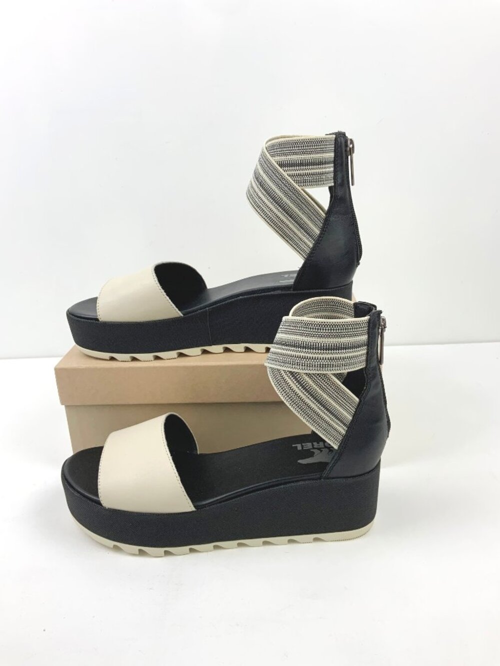 SOREL Dayspring Ankle Strap Platform Sandals Cream/Black Sz 8.5